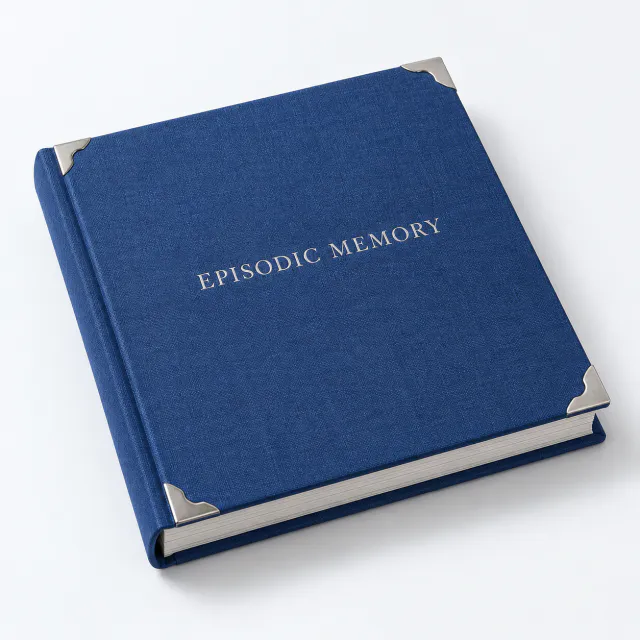 Cobalt linen photo album with silver corners and the title Episodic Memory