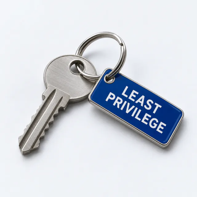 Brushed steel key on a split ring with a cobalt tag marked Least Privilege