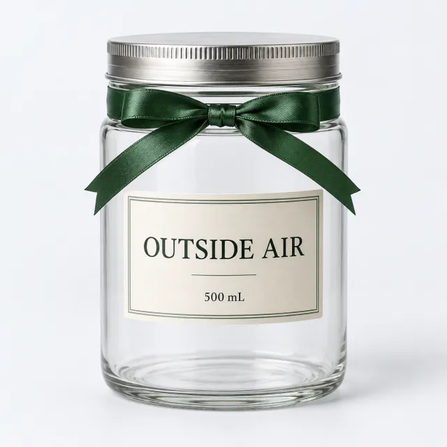 Empty glass jar labeled Outside Air with a silver lid and forest-green gift ribbon