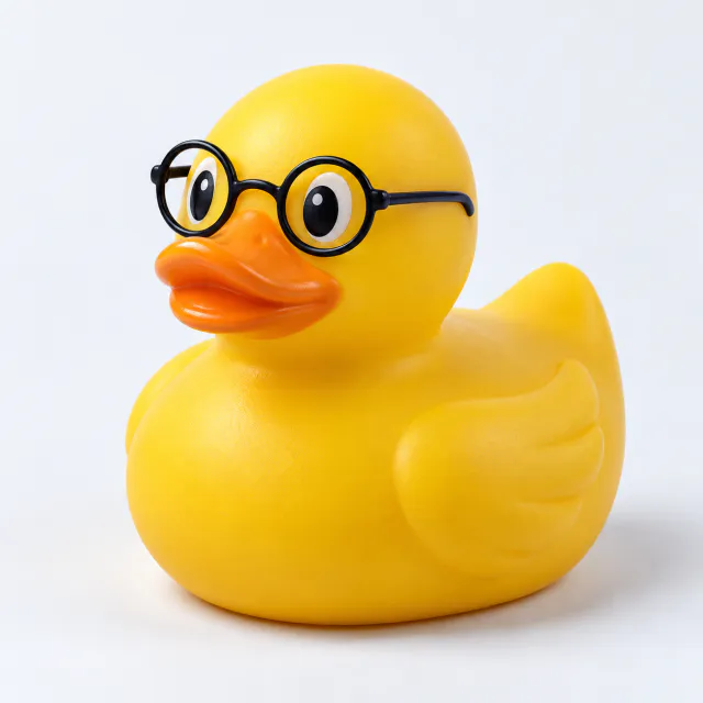 Yellow rubber duck wearing tiny black reading glasses on a pale gray studio background