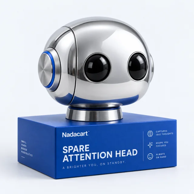 Small chrome robot head displayed on a cobalt blue plinth