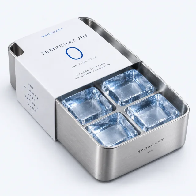 Metal ice cube tray with four clear blue-tinged cubes