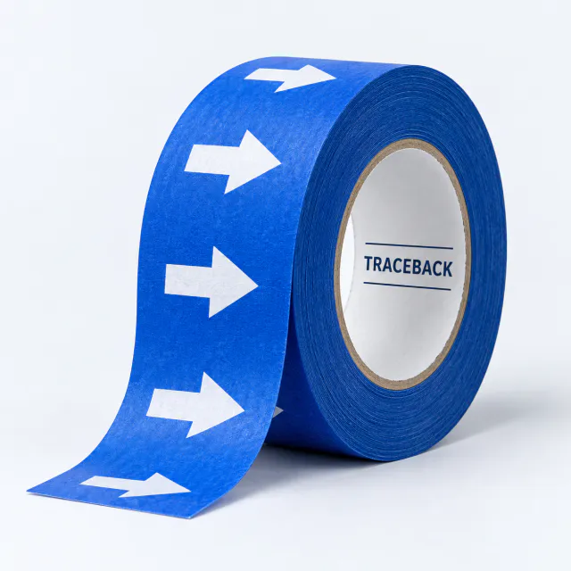Roll of cobalt blue paper tape printed with white arrows and a Traceback label in the core